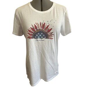 Life Is Good Crusher-Lite Red White Blue Sunflower Tee White L 100% Cotton